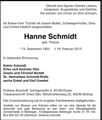 Traueranzeige von Hanne Schmidt von Tageszeitung